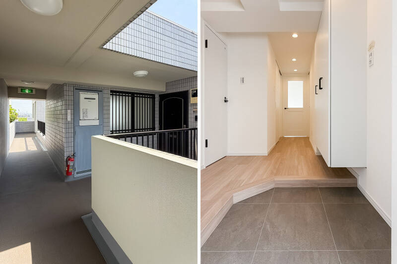 <b>左・</b>共用廊下は開放的で明るい雰囲気。玄関ドアが奥まっているのがいいですね。/<b>右・</b>白と木目が基調の玄関ホール。下足入れは扉3枚分用意されています。