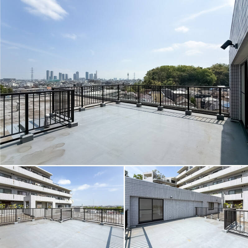 照明やコンセントが付いた、この住戸専用のスペース。少し気になるのは、同じマンション内の高層住戸から視線が届きそうなこと。