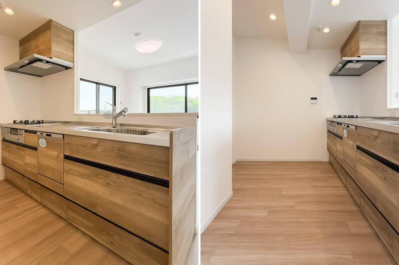 食洗機に3口ガスコンロ、グリル付き。背面に冷蔵庫やカップボードを置くスペースが確保されています。