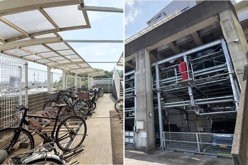 <b>左・</b>自転車置き場は1階と6階の2箇所に用意されていて、こちらは6階部分の写真。1階は大人用が月額300円、子ども用が100円、6階は一律300円です。/<b>右・</b>機械式駐車場には2026年4月時点空きがあり、月額15,000円で利用できます。区画によってサイズが異なるので、ご使用を希望される方はお問い合わせください。