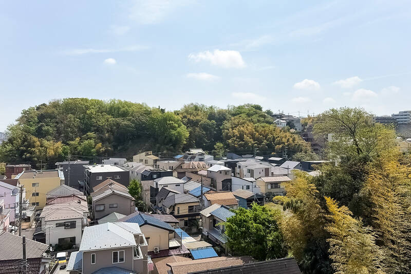 こんもり見える森の正体は「蟹ヶ谷古墳群」。手前にはのどかな低層住宅街が広がっています。