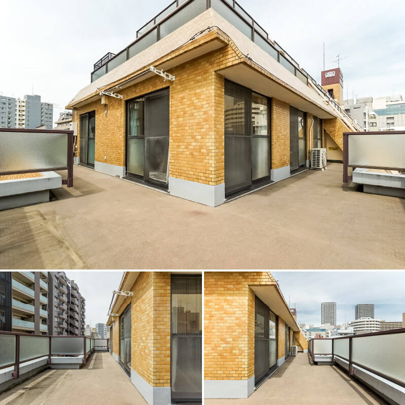 約28㎡の広々としたルーフバルコニー。上階には住戸がなく、気持ちのいい空が広がっています。