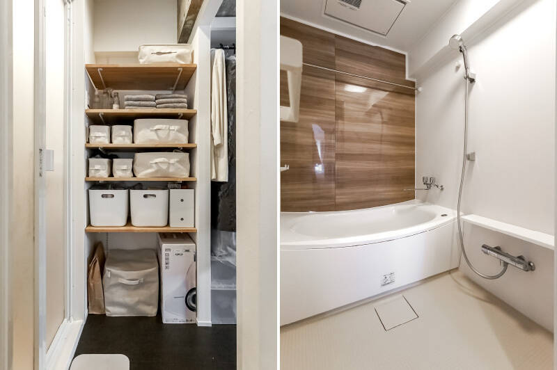 <b>左・</b>洋室と先ほどのWTCからアクセスする脱衣スペース。可動式の棚が設置されています。／<b>右・</b>シンプルな1216サイズのユニットバス。浴室乾燥機付きです。