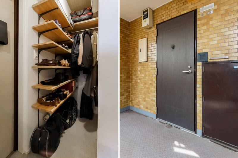 <p><b>左・</b>玄関横にはシューズラックとハンガーポールが備わっています。よく使うアウターやバッグを収納しておけば、お出かけ前の準備もスムーズに。／<b>右・</b>ライオンの顔が付いている玄関扉がお出迎え。</p>