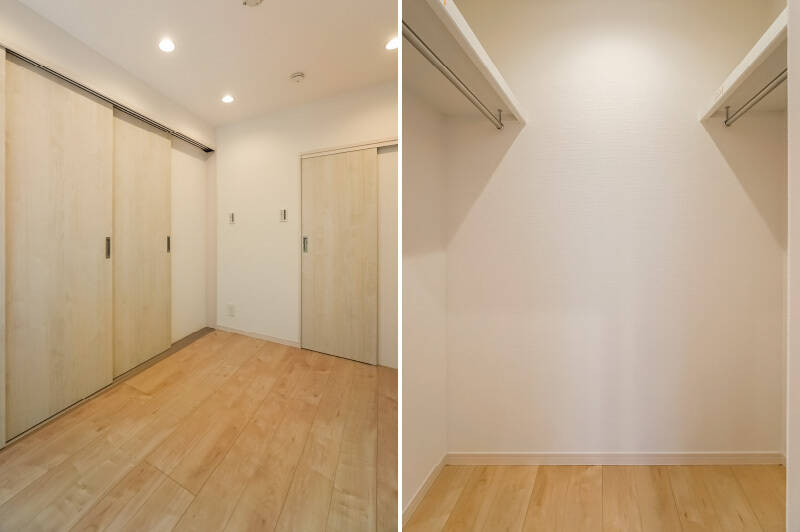 窓の反対側には、奥行きの深いウォークインクローゼット（WIC）が備わっています。頼もしい収納容量です！