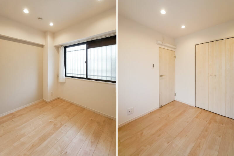 <b>左・</b>洋室Bには、共用廊下に面した北東向きの窓があります。多摩堤通りから離れているため、洋室Aより一層落ち着いた環境と言えそうです。／<b>右・</b>収納はクローゼットがひとつ備わっています。
