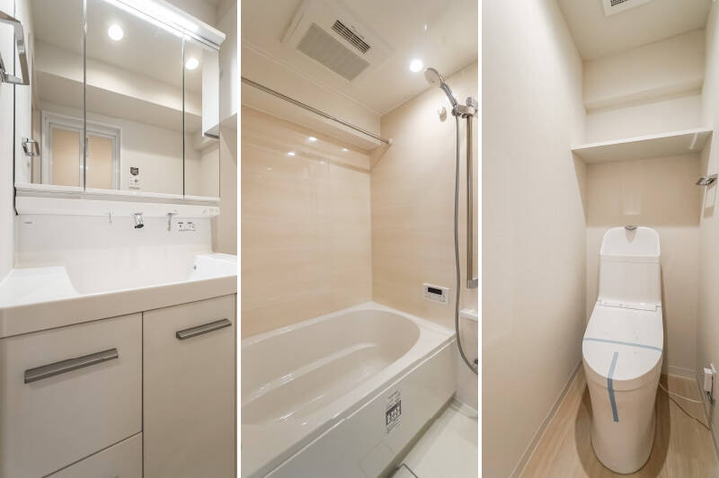 洗面室、バス（1216サイズ）、トイレはいずれもシンプルで機能的な設え。どの居場所も窮屈な感じがなく、バランスよく空間を分割している印象です⚪︎