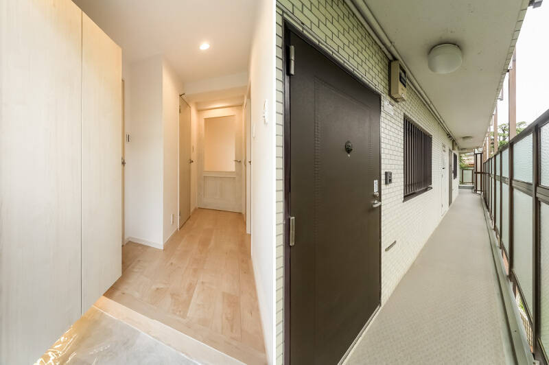 <b>左・</b>玄関には背の高いシューズボックスが。ほか、廊下にはコンセント付きの収納スペースも設けられています。／<b>右・</b>こちらが住戸の玄関扉。型ガラスの目隠し壁がぐるりと設置されており、風や視線から守ってくれますよ。