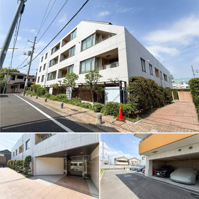 2003年築、総戸数30戸、地上4階建ての低層マンションです。2016年に初回の大規模修繕工事が完了し、その後こまめにメンテナンスが行われています。緑豊かなアプローチを進みエントランスへ。建物裏手には機械式駐車場が用意されています。