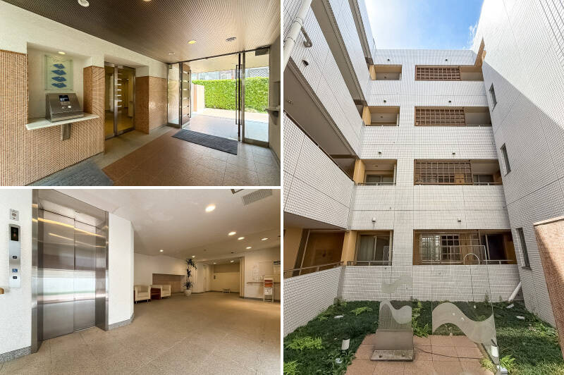 <b>左上・</b>オートロック、宅配ボックスを完備。管理人さんは週5日、8〜15時まで勤務されています。／<b>左下・</b>シンプルで落ち着きある共用ロビー。／<b>右・</b>モニュメントが置かれた吹き抜けのパティオ。共用廊下や各住戸のバルコニーに面しています。