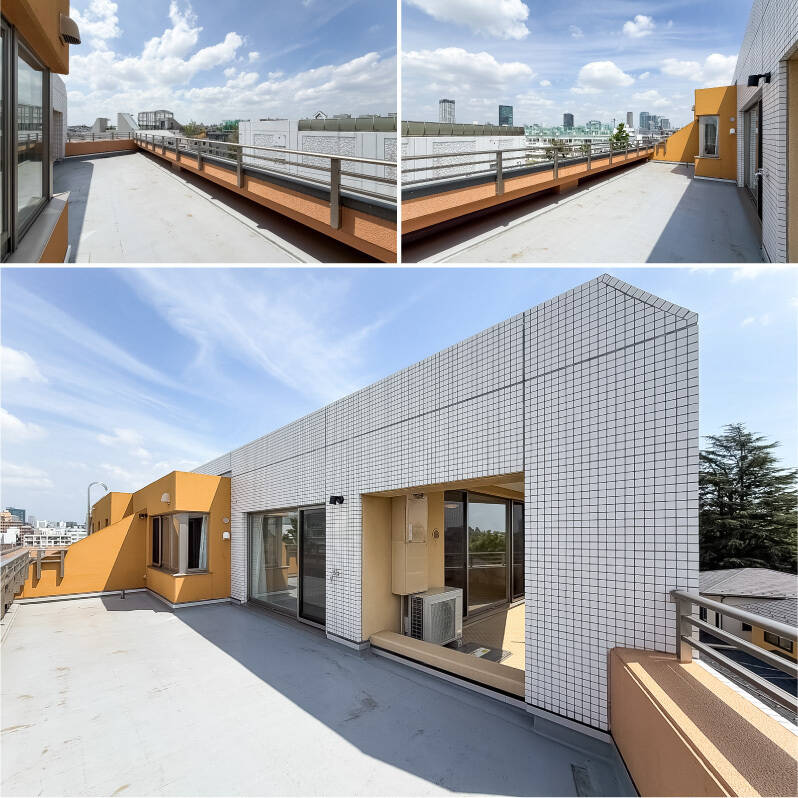 左右どちらを向いても抜けがあり、白いタイルとオレンジの塗り壁のコントラストがスタイリッシュ。照明の下に水栓が付いているため、ガーデニングなど楽しめそうです。