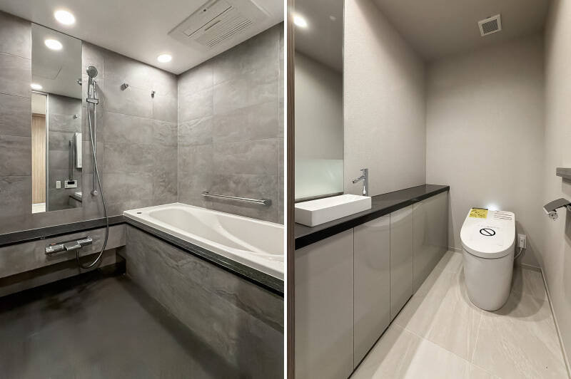 <b>左・</b>1620サイズのユニットバス。換気扇には暖房や衣類乾燥の機能が付いています。／<b>右・</b>玄関横に独立したトイレ。手洗いカウンター付きです。