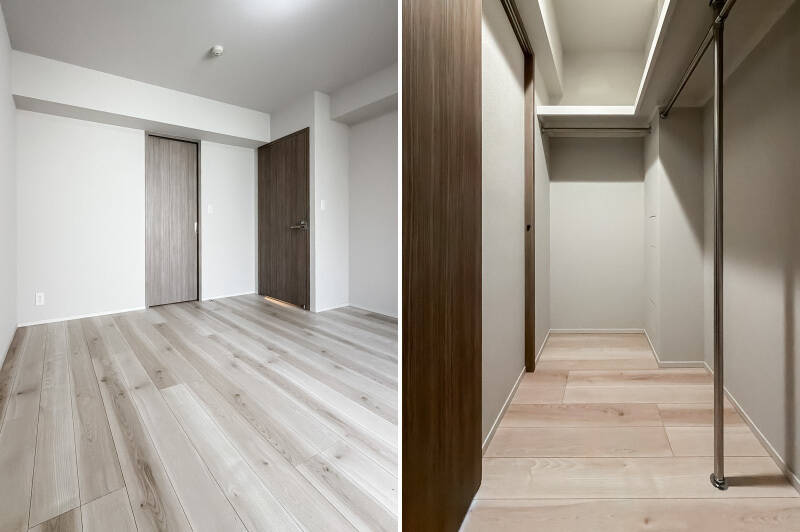 引き戸を開けるとコの字に枕棚とハンガーパイプが配されたウォークインクローゼット（WIC）。3つある洋室の中で最も広く収納力もあるため、主寝室におすすめです。