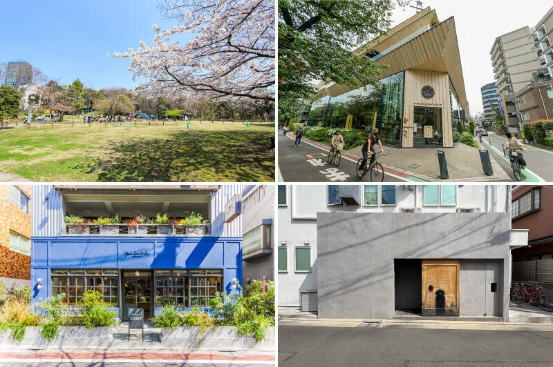 <b>左上・</b>遊具が充実している「菅刈公園」。春にはお花見客で賑わいます。（徒歩12分）／<b>右上・</b>目黒川沿いにある「STARBUCKS RESERVE ROASTERY（スターバックスリザーブロースタリー）  TOKYO」。スターバックスのコーヒーに対する愛、情熱、願い、魔法を閉じ込めた特別な空間です。（徒歩11分）／<b>左下・</b>同じく目黒川沿いにある「green bean to bar chocolate（グリーンビーントゥバーチョコレート）」。ゲストへの手土産に活躍してくれそう<p>。（徒歩10分）／<b>右下・</b>まるで蔵のような佇まいの「宇田津 鮨」。特別な日に訪れたい名店です。（徒歩6分）</p>