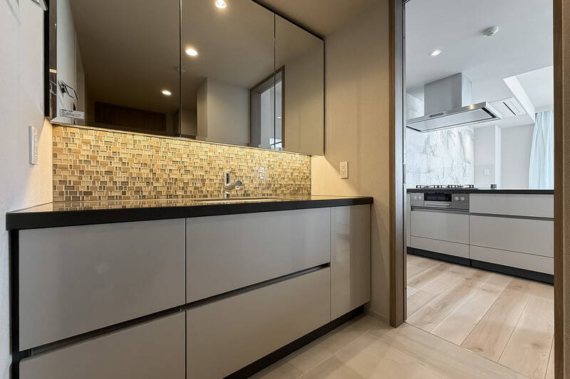 洗面脱衣室につながっていました。廊下からも出入りできる2WAYアクセスです。洗濯機置き場もこちらの空間にまとまっているため、物干しの動線が効率化されますね。