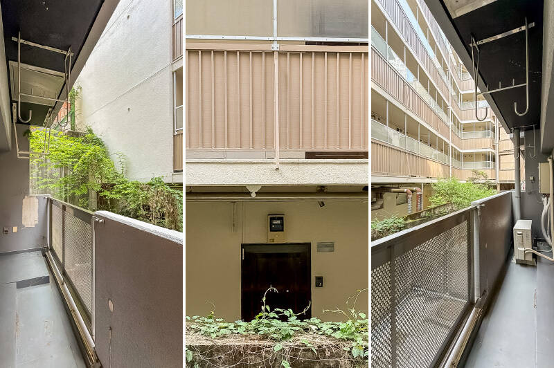 LDKの前まで延びる、ワイドなバルコニー。正面には向かいに建つマンションの共用廊下があるので、室内ではレースカーテンを引いておくと視線をカバーできそうです。