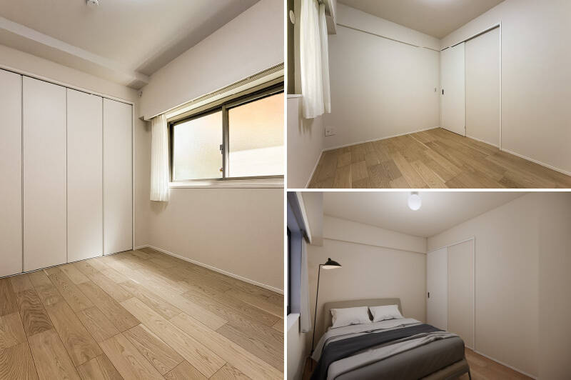 洋室Bは、北東向きでシンプルな造り。壁一面にクローゼットが備わり、十分な収納スペースを確保しています。(右下・CGイメージ)