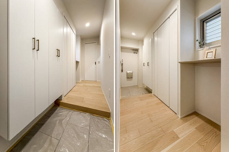 玄関〜LDKまでの廊下には、下足入れのほかにも折れ戸2枚分の収納とニッチスペースを用意。小窓のあるニッチには、オブジェを置いてもサマになりそう。