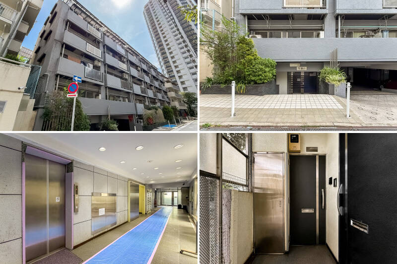 1979年、総戸数87戸。グレーの外観が印象的なマンションです。エントランスには、数段の階段を下りてアクセス。オートロック付きです。管理人さんは週5日、8時〜16時で勤務されています。住戸は2階の角に所在。