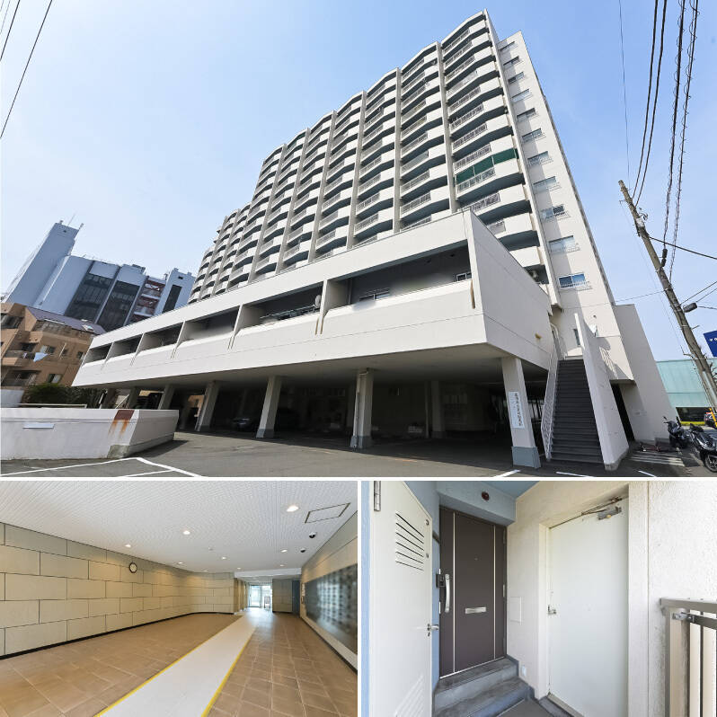 目黒通り沿いに佇む、1970年竣工のマンション。エントランスは裏通りに面しているため、交通量は比較的落ち着いています。オートロック付きで、エレベータは3基配備。住戸は5階所在です。