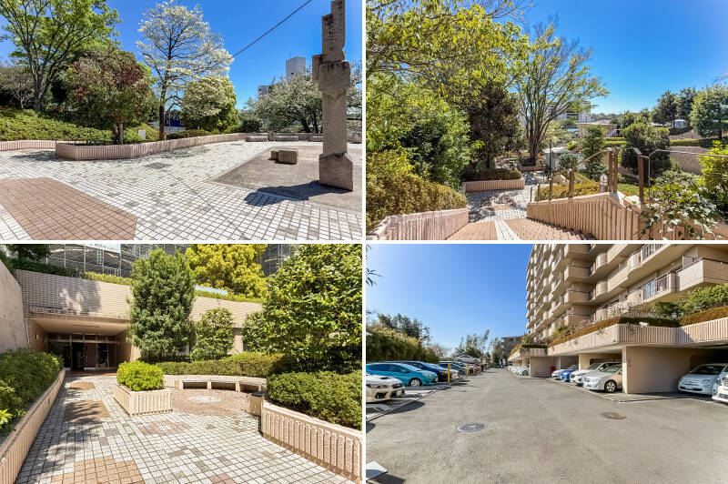 <b>左上・</b>開放感のある共用広場。／<b>右上・</b>敷地内は、右を向いても左を向いても色鮮やかな緑で溢れ、目に優しい……。／<b>左下・</b>緑で囲まれたアプローチを抜けてエントランスへ。／<b>右下・</b>敷地内の駐車場は2026年4月時点では残念ながら空きがありません。近隣で借りることもご検討ください。