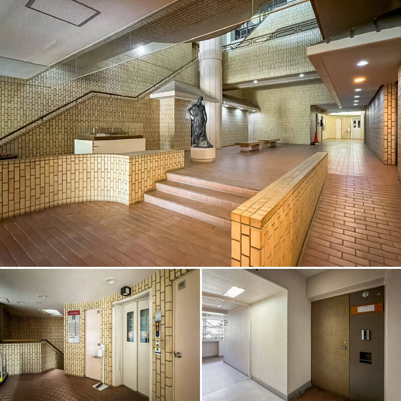 <b>上・</b>共用ロビーは上品なタイル貼りに、佇むオブジェに、吹き抜けに……。まるで美術館に来たかのような空間です♪ ／<b>左下・</b>こちらのマンションはスキップフロア構造ですが、今回ご紹介する住戸のある7階はエレベーターの停止階！ これはうれしいポイントですね。／<b>右下・</b>住戸前に到着。ルームツアースタートです！