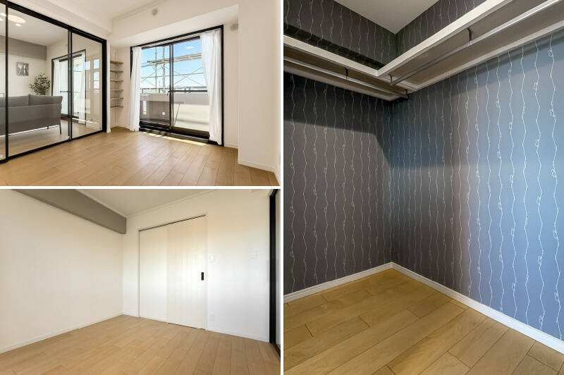 <b>左・</b>まずはLDKに隣接する洋室A。約5.4帖の広さです。窓辺のちょっとした空間にも可動棚が設置されており、デッドスペースが少ないところがGOODですね。／<b>右・</b>ウォークインクローゼット（WIC）には、コの字型に枕棚とハンガーパイプが備わっています。