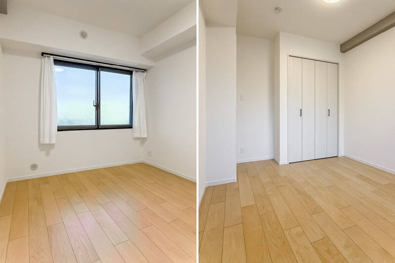 <b>左・</b>続いて約5.6帖の洋室B。北西側に窓が設けられています。／<b>右・</b>折れ戸2枚分のクローゼット付き。