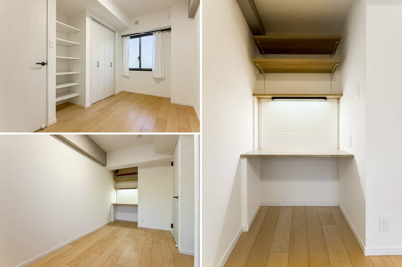<b>左・</b>最後に約5.4帖の洋室C。壁面には可動棚のオープン収納と、折れ戸2枚分のクローゼットが。／<b>右・</b>洋室Cの一角には造り付けのデスクスペースが備わっています。壁面の有孔ボードは、メモ書きを貼ったり収納ケースを取り付けたりと活用できそう◎
