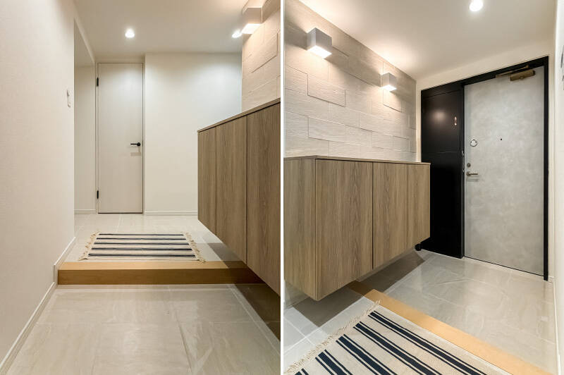 玄関のシューズクローゼットはフロートタイプ。壁面には、調湿・消臭性に優れたエコカラットが貼られています。