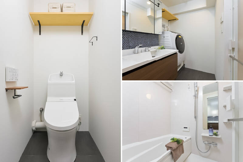 <b>左・</b>キッチンのちょうど真隣に位置するトイレ。／<b>右上・</b>洗面台にあしらわれた青色のモザイクタイルが可愛らしい。木調の面材にはダークトーンが採用され、落ち着いた印象です。／<b>右下・</b>バスルームは白基調で清潔感のある雰囲気。浴室乾燥機が備わっています。