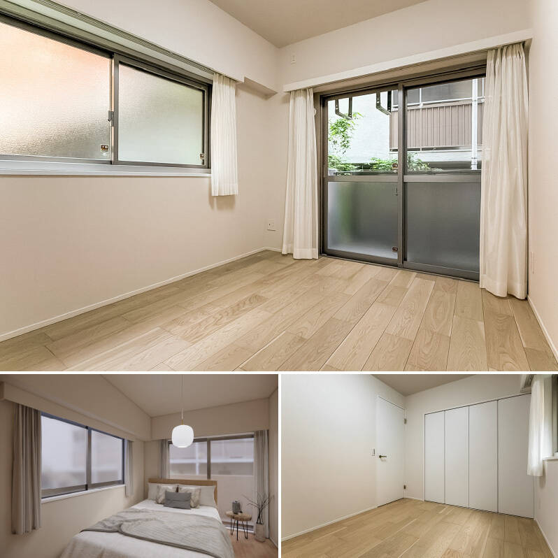 南東と北東向きの二面採光で明るく過ごせそう。ダブルベッドを置いても、ほんのりと余白が残る広さです。折れ戸2枚分の収納が備わっています。(左下・CGイメージ)