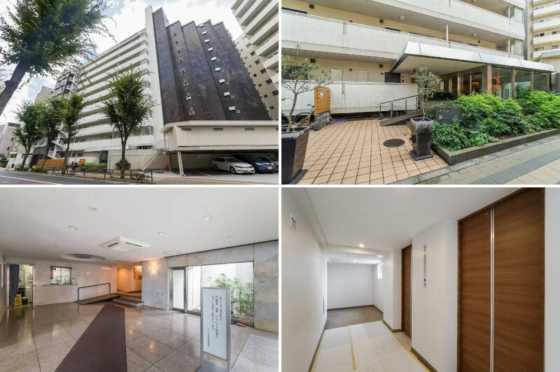 <b>左上・</b>マンションを吉祥寺通り側から見たお姿がこちら。1970年生まれで、総戸数は87戸。大手ゼネコン鹿島建設による設計・施工です。／<b>右上・</b>大きな庇のある、スロープ付きのエントランス。／<b>左下・</b>共用ホールの奥に管理人室が。レトロなマンションながら、時代にあわせて宅配ボックスを追加装備しているのは見逃せないポイントです！／<b>右下・</b>ご紹介の住戸は12階に所在していますが、玄関が下階にあるためエレベーターは11階で下ります。