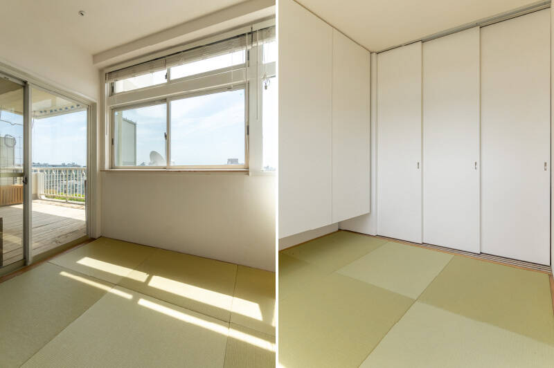 <b>左・</b>リビングの一角には、光に満たされた和室が。／<b>右・</b>3枚引き戸で仕切ることもでき、お昼寝や来客時のお泊まりスペースとしても活躍してくれそう。大容量の収納を備えています。