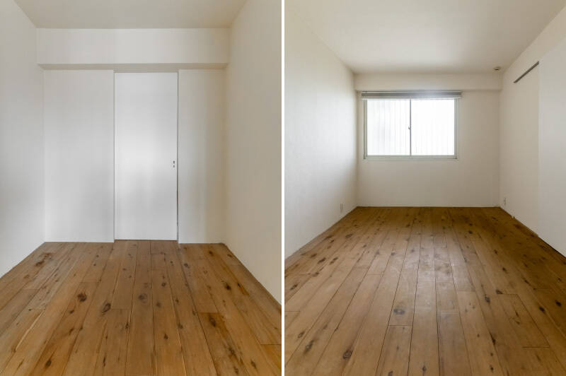 <b>左・</b>ハイドアの先はサービスルーム。リビングと洋室からアクセスできるので、ウォークスルークローゼットとして使用するのもよさそう。／<b>右・</b>サービスルームからさらに進むと洋室へ到着。窓は共用廊下に面した北向きです。