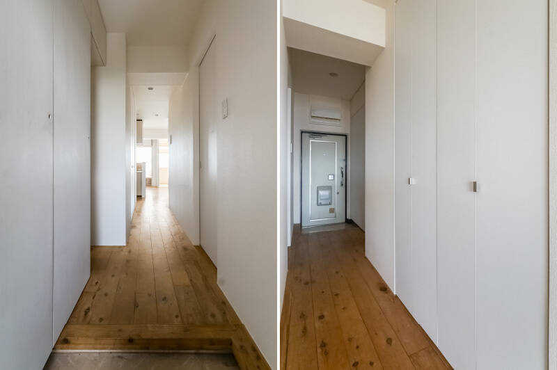 <b>左・</b>玄関にはトールサイズの収納を設置しています。／<b>右・</b>廊下にも折れ戸2枚分の収納ほか、水まわりへつながる扉付近に細かな収納が備わっていますよ。