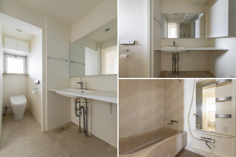 洗面室とトイレが一体となったシンプルな水まわり。浴室へは洗面室右手からアクセスします。使用感があるため、ご入居の際には新しい設備への交換を検討されるとよさそうです。