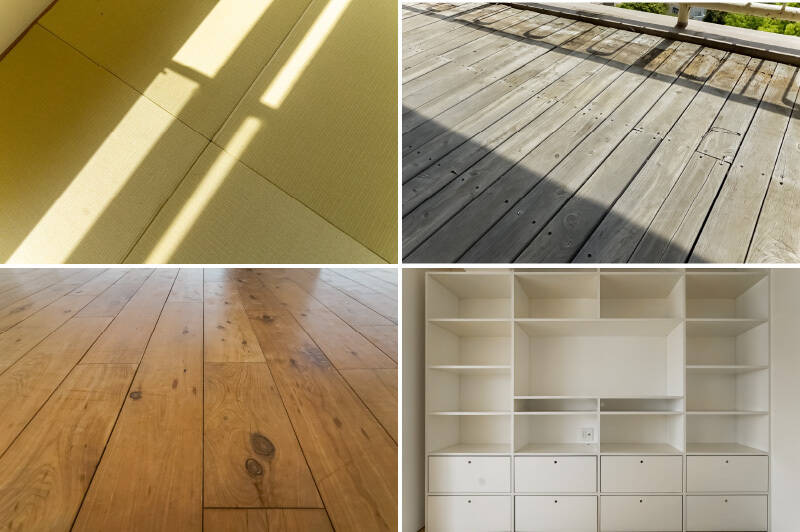<b>左上・</b>陽だまりの畳スペース。／<b>右上・</b>リビングの延長としてくつろげるウッドデッキ。／<b>左下・</b>床には使用感があるものの、無垢材なので磨いて活かせば、今後も経年変化を楽しめそう。／<b>右下・</b>リビングの壁一面にある収納棚には、魅せるディスプレイを。