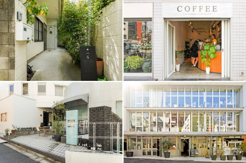 <b>左上・</b>アートギャラリー「一白」。器をはじめ、作家による作品の展覧会が開かれています。（徒歩2分）／<b>右上・</b>「ウッドベリーコーヒー 代官山店」街散策のお供にコーヒーをどうぞ。（徒歩5分）／<b>左下・</b>ベーカリーカフェとビストロのお店「繁邦（しげくに）」。パンのテイクアウトもできますよ（徒歩10分）／<b>右下・</b>洗練された衣食住を提案するセレクトショップ「1LDK apartments.（ワンエルディーケー アパートメンツ）」（徒歩9分）