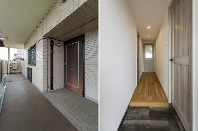 <p><b>左・</b>住戸は風通しのいい共用廊下を進んだ先に。角部屋に位置しています。／<b>右・</b>LDKから光が届く廊下。</p>
