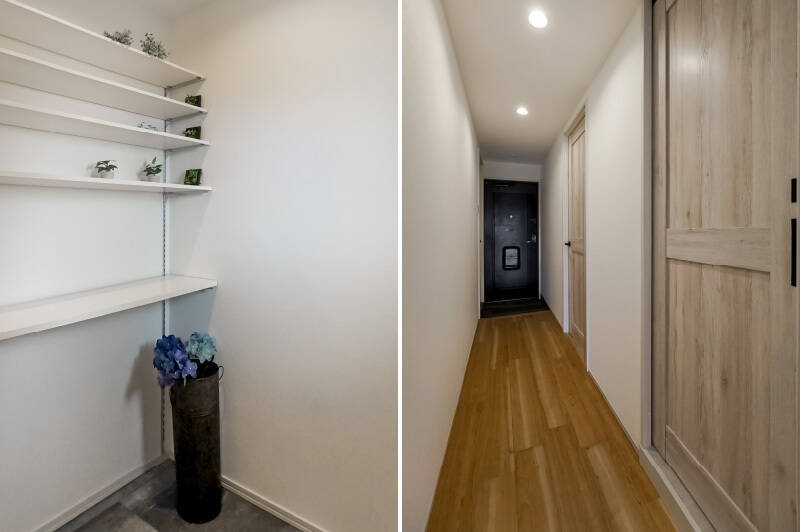 土間からは、ゆったりとしたスペースを確保したシューズインクローゼット（SIC）に土足でアクセス可能！ 床がタイル貼りなので、ベビーカーやアウトドア用品を収納しておくのにも便利です◎