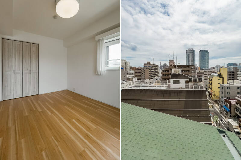 折れ戸2枚分のクローゼットを完備。南側の腰窓の先にも、背の高い建物はありません。