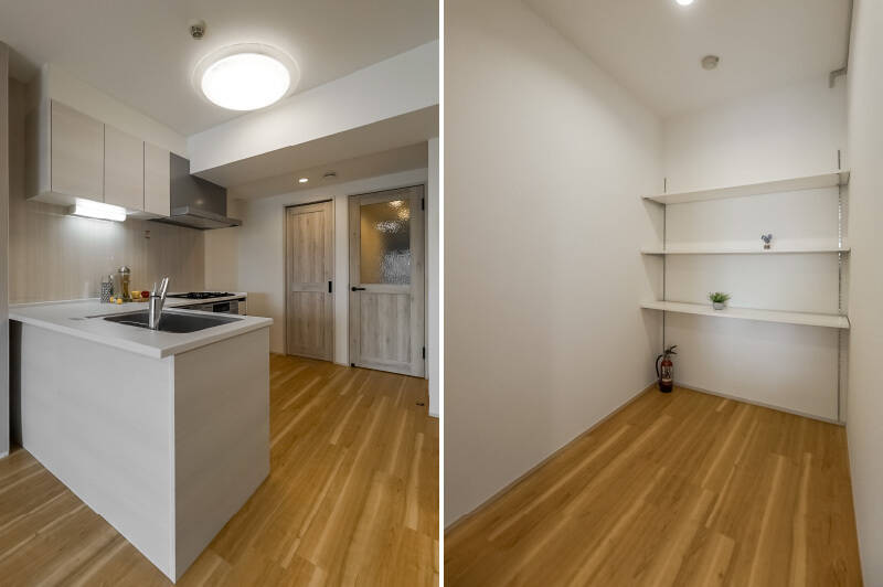 キッチン奥のドアからアクセスするパントリー。想像以上に広々としていて、収納家具を追加して便利にカスタマイズできそうです。