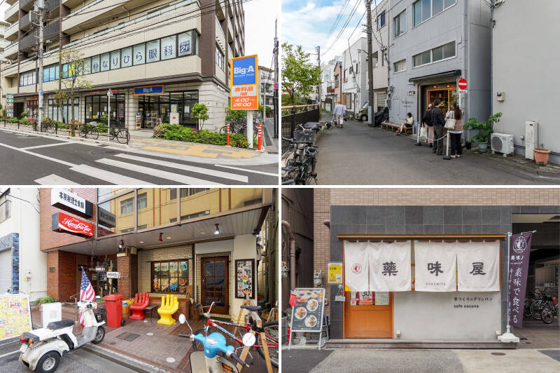<b>左上・</b>食材の買い足しは「ビッグ・エー墨田業平店」が頼りになりそう。徒歩3分と近いですし、深夜2時まで営業しているのもありがたいところ。／<b>右上・</b>カヌレ型で焼いたパイ生地スイーツ “パヌレ” が人気のお店「Mr.Bakeman Bake&amp;Coffee（ミスターベイクマン） 」。取材時は常に行列ができていましたが、ここに住めば空いている時間帯を狙えそう。（徒歩5分）／<b>左下・</b>どうしてもハンバーガーを口いっぱい頬張りたくなったら「UNCHAIN DINER（アンチェイン ダイナー）」へ。外観も店内もポップで、アメリカンな雰囲気を楽しめます。（徒歩8分）／<b>右下・</b>「cafe cocona（カフェ ココナ） &amp; 薬味屋」は、“断面萌え” なフルーツサンドが人気のベーカリーカフェと、グルテンフリーのスパイスキーマカレー専門店が日替わりで変身。お店のSNSをチェックしてお出かけくださいね。（徒歩4分）