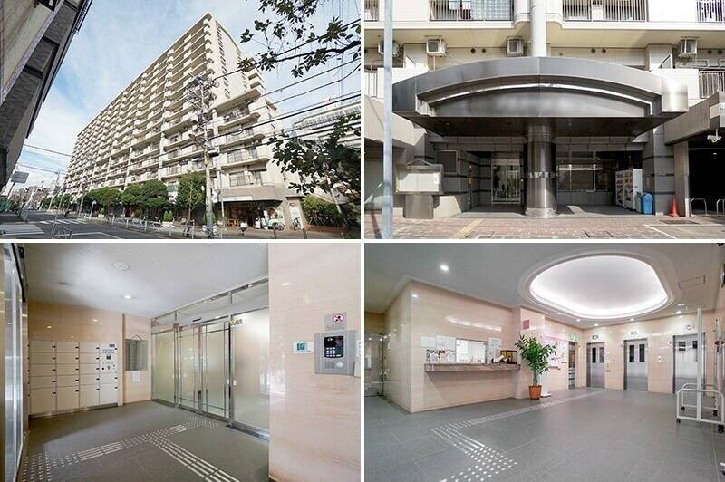 <b>左上・</b>1996年に竣工した、地上14階建て・総戸数264戸のマンション。1階には複数のテナントが入居しています。歯医者さんがあるのは頼もしい！／<b>右上・</b>エントランスは堂々とした佇まい。／<b>左下・</b>中に入るとオートロックと宅配ボックスが。／<b>右下・</b>ゆったりとした共用ロビーには、管理人室とエレベーターが3基備わっています。それでは住戸が所在する7階へ。