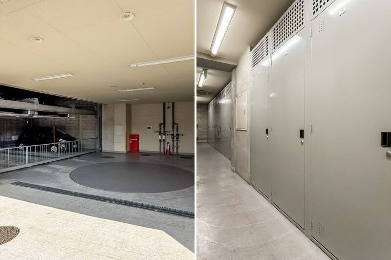 <b>左・</b>2026年4月15日時点で<b>機械式駐車場（中段）に空きがあります</b>（月額29,000円）。全長5,000mm・全幅1,850mm・高さ1,550mm・重量2,000kgまでの車種が駐車可能です。最新情報はお問い合わせください。／<b>右・</b>売主さまは、キャンプ道具など屋外で扱うものを収納するために、地下1階に設置されている<b>専用使用権付きトランクルーム</b>を活用しているのだそう。