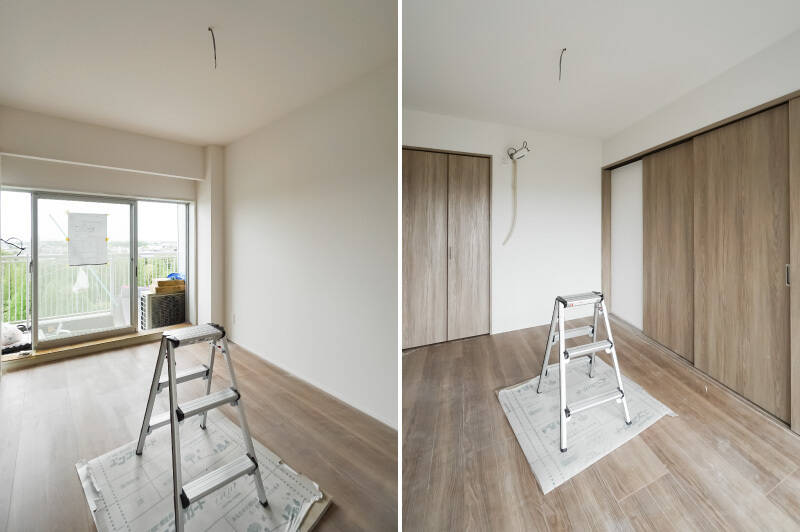 <b>左・</b>洋室Aからもバルコニーに出られます。／<b>右・</b>3枚の引き戸は連動しないタイプですが、気密性高くぴったりと閉めることができました。収納はクローゼットがひとつ備わっています。