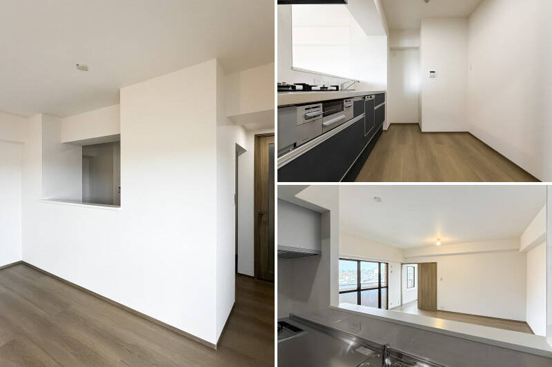 <b>左・</b>適度に仕切られているため、LDから生活感が見えにくい造り。料理の匂いが広がりにくいところもうれしいポイントです。／<b>右上・</b>3口コンロ、食洗機が備わっています。後ろにはカップボードを置けるスペースを確保。／<b>右下・</b>料理をしながら、LDにいるお子さまやペットを見守れる、安心感ある設計です。