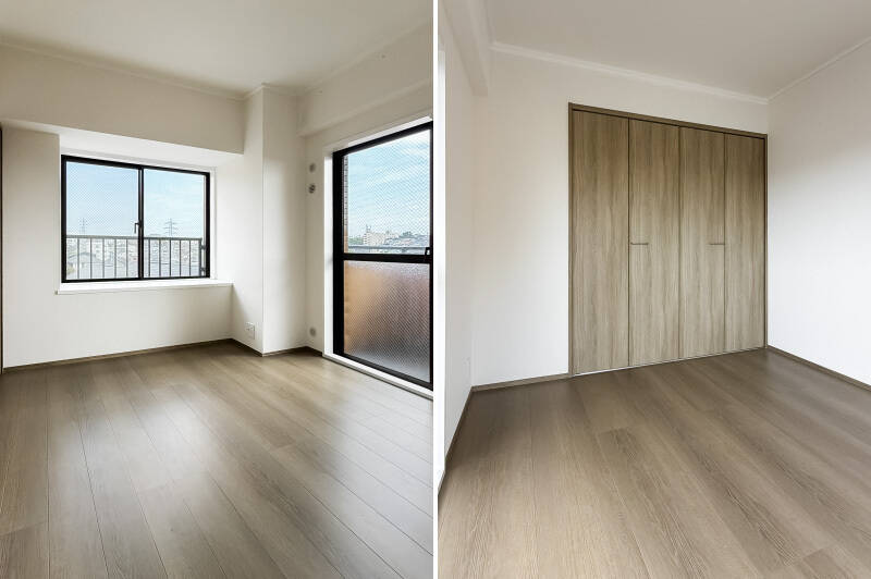 LDKからアクセスできる洋室A。北東・南東向きの二面採光です。折れ戸2枚分のクローゼットが備わっています。