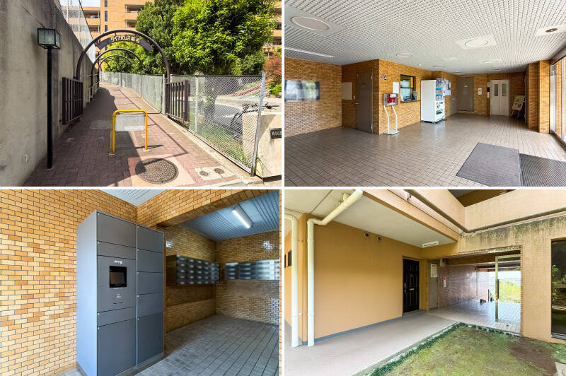 <b>左上・</b>アプローチを進んだ先にエントランスがあります。／<b>右上・</b>エントランスには管理員室とエレベーター。／<b>左下・</b>郵便受け近くには宅配ボックスが備わっています。／<b>右下・</b>住戸はエレベーターを使ってアクセス可能。「菊名」駅方面に行きたいときは、マンション住人専用の外階段の利用が最短ルートです。